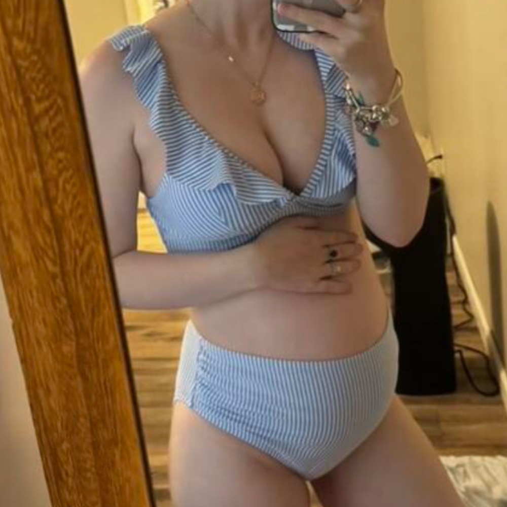 Maternity Striped Ruffle High Waisted Swimsuit 2 piece  Bikini - Picture 7 of 7